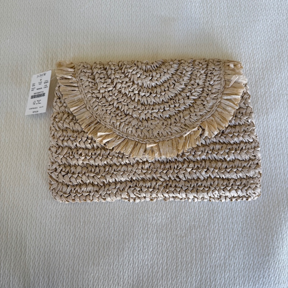 JCrew Summer Straw Clutch with gold crossbody chain - NEW WITH TAGS